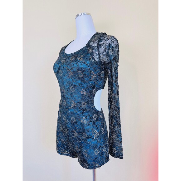 1990s Vintage Romper / 90s Teal Gold Black Lace Cut Out Back Playsuit / Medium - Picture 3 of 8